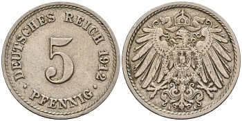 Германия 5 пфеннигов 1912 A KM 11, J. 12 медно-никель 4151-532