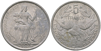 Французская Новая Каледония 5 франков 1952 птица кагу, (IEOM) KM 4, Schoen 4, Lec 71 алюминий 180-325