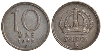 Швеция 10 эре 1949 TS, Густав V (1907-1950) KM 813 серебро 4179-546