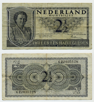 НИДЕРЛАНДЫ 2 1/2 ГУЛЬДЕНА 1945 Pick 71 бумага 444-103-3