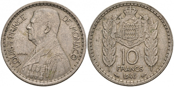 Монако 10 франков 1946 Луи II (1922-1949) KM 123 медно-никель 73-1653