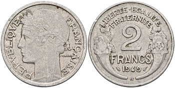 Франция 2 франка 1949 В, тип Morlon KM 886а.2, Le Franc 269.15 алюминий 4126-916
