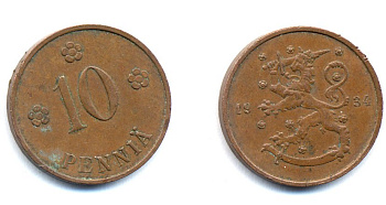 Финляндия 10 пенни 1934 республика (1918-1962) KM 24 медь 51-5337