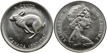КАНАДА 5 ЦЕНТОВ 1967 100 ЛЕТ КОНФЕДЕРАЦИИ, ЗАЯЦ, ЕЛИЗАВЕТА II (1952-), ПРОБА 800 KM 66 никель 3336-241