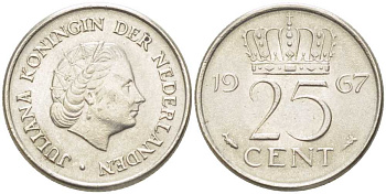 НИДЕРЛАНДЫ 25 ЦЕНТОВ 1967 ЮЛИАНА (1948-1980) KM 183 никель 214-947