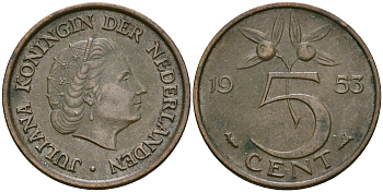 Нидерланлы 5 центов 1953 Юлиана (1949-1980) KM 181 бронза 4364-1626