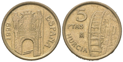 Испания 5 песет 1999 M, Хуан Карлос I (1975-2014), Мурсия KM 1008 алюминиевая бронза 4580-544