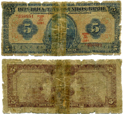 БРАЗИЛИЯ 5 МИЛ РЕЙС (5000 РЕЙС) 1925 СЕРИЯ 119А, ESTAMPA 19A, BRAZIL Pick 29a бумага G-F 6278-19-1