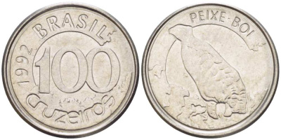 БРАЗИЛИЯ 100 КРУЗЕЙРО 1992 РЕФОРМА 1990-1993, ЛАМАНТИН KM 623 нержавеющая сталь 4387-752