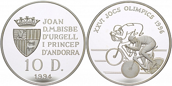 Андорра 10 динеров 1994 XXVI Олимпийские игры 1996 года велоспорт KM 95 серебро PROOF 11-178-22
