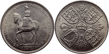 Великобритания 1 крона (5 шиллингов) 1953 коронация королевы Елизаветы, Елизавета II (1952-2022) Елизаветы KM 894, Spink 4136 медно-никель 4368-625