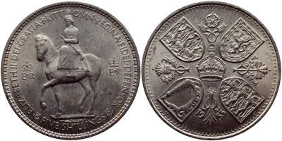 Великобритания 1 крона (5 шиллингов) 1953 коронация королевы Елизаветы, Елизавета II (1952-2022) Елизаветы KM 894, Spink 4136 медно-никель 4368-625