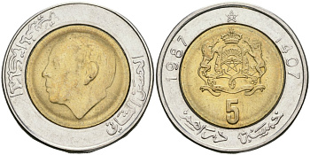 Марокко 5 дирхамов 1987 AH1407 Y 82 биметалл UNC 4595-126