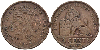 БЕЛЬГИЯ 2 САНТИМА 1912 BELGEN KM 65 медь 28-235