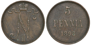 Россия для Финляндии 5 пенни 1898 Николай II (1894-1917) KM 15, Биткин 443 медь 51-545