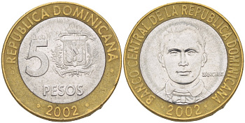 Доминиканская республика 5 песо 2002 Санчес KM 89 биметалл 4541-1117