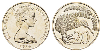 Новая Зеландия 20 центов 1984 Елизавета II (1952-2022), птичка киви, тираж 18.000 экземпляров KM 36 медно-никель PROOFLIKE 87-1045