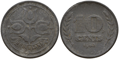 Нидерланды 10 центов 1942 Вильгельмина I (1890-1948) KM 173 цинк    4601-1043