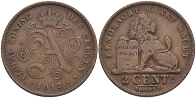 БЕЛЬГИЯ 2 САНТИМА 1912 BELGEN KM 65 медь 28-235