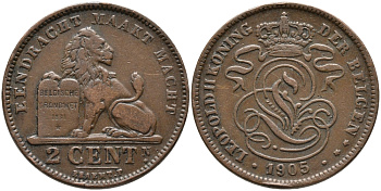 БЕЛЬГИЯ 2 САНТИМА 1905 BELGEN KM 36 медь 4391-356