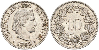 Швейцария 10 раппенов 1932 B KM 27b никель     3309-623