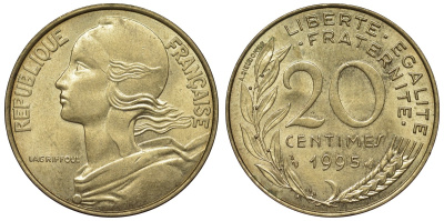 Франция 20 сантимов 1995 тип Marianne KM 930, Le Franc 156.39 медь алюминий никель UNC 4128-236