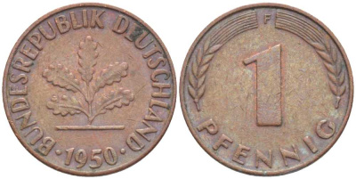 ФРГ 1 ПФЕННИГ 1950 F KM 105, J. 380 сталь плакированная медью 116-348