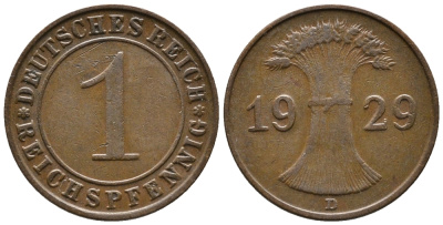 ГЕРМАНИЯ 1 РЕЙХСПФЕННИГ 1929 D KM 37, J. 313 бронза 39-1025