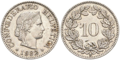 Швейцария 10 раппенов 1932 B KM 27b никель     3309-623
