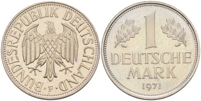 ФРГ 1 марка 1971 F J 385, KM 110 медно-никель PROOF 1094-1-65