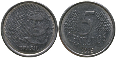 Бразилия 5 сентаво 1995 KM 632, Schon 141 нержавеющая сталь 4519-631
