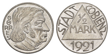 Кобленц 1/2 марки 1921 Funck 80.9A, Men05 4526.18, Men18 5727.18/20 сталь UNC 4586-922