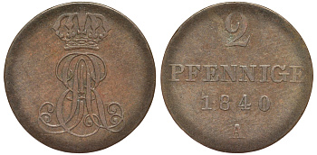 Ганновер 2 пфеннига 1840 A, Эрнст Август (1837-1851) KM 174.1, AKS 122, J. 55 медь 75-1714