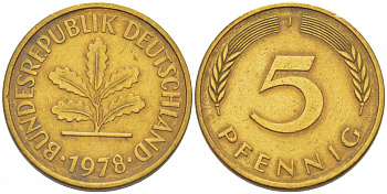 ФРГ 5 ПФЕННИГОВ 1978 J KM 107, J.382 сталь плакированная латунью 4396-1642