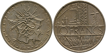 Франция 10 франков 1977 тип Матье KM 940, Le Franc 365.9-10 никель латунь 97-644