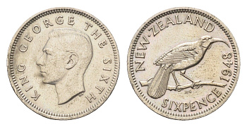 Новая Зеландия 6 пенсов 1948 Георг VI (1936-1952) KM 16 медно-никель 4659-946