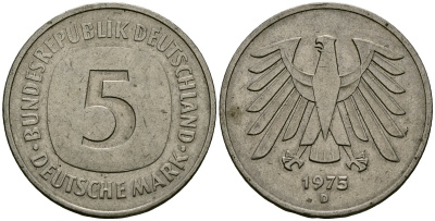 ФРГ 5 марок 1975 D, монетный двор Мюнхен КМ 140.1, J. 415 медно-никель плакированный никелем 4120-911