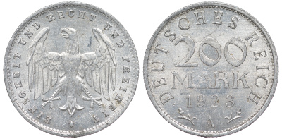 Германия 200 марок 1923 A KM 35, J. 304, Weege 22 алюминий 4604-554