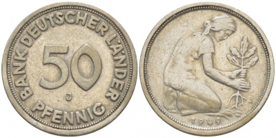ФРГ 50 пфеннигов 1949 J KM 104, J. 379 медно-никель 4396-1661