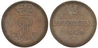 Ганновер 2 пфеннига 1840 A, Эрнст Август (1837-1851) KM 174.1, AKS 122, J. 55 медь 75-1714