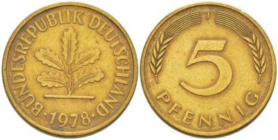 ФРГ 5 ПФЕННИГОВ 1978 J KM 107, J.382 сталь плакированная латунью 4396-1642