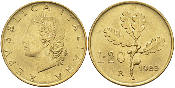 Италия 20 лир 1983 R, дубовый лист KM 97.1 алюминиевая бронза 4525-623