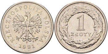 ПОЛЬША 1 ЗЛОТЫЙ 1991 MW KM 282 медно-никель 4592-441