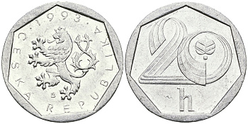 ЧЕХИЯ 20 ГЕЛЛЕРОВ 1993 KM 2.1 алюминий UNC 540-255