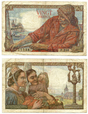 ФРАНЦИЯ 20 ФРАНКОВ 1949 10 МАРТА 1949 Pick 100с бумага 7207-23-1-2