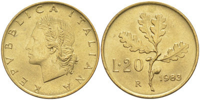 Италия 20 лир 1983 R, дубовый лист KM 97.1 алюминиевая бронза 4525-623