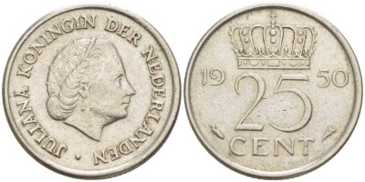 НИДЕРЛАНДЫ 25 ЦЕНТОВ 1950 ЮЛИАНА (1948-1980) KM 183 никель 214-869