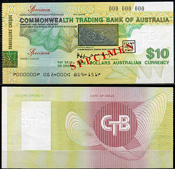 Австралия, Оптовый банк 10 долларов ND дорожные чек, образец Specimen   бумага  UNC (пресс) 444-36-2-1