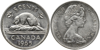 Канада 5 центов 1965 Елизавета II (1952-2022), бобер KM 60.1 никель аUNC 4385-413