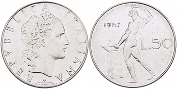 ИТАЛИЯ 50 ЛИР 1967 R КУЗНЕЦ KM 95.1 сталь 3718-426